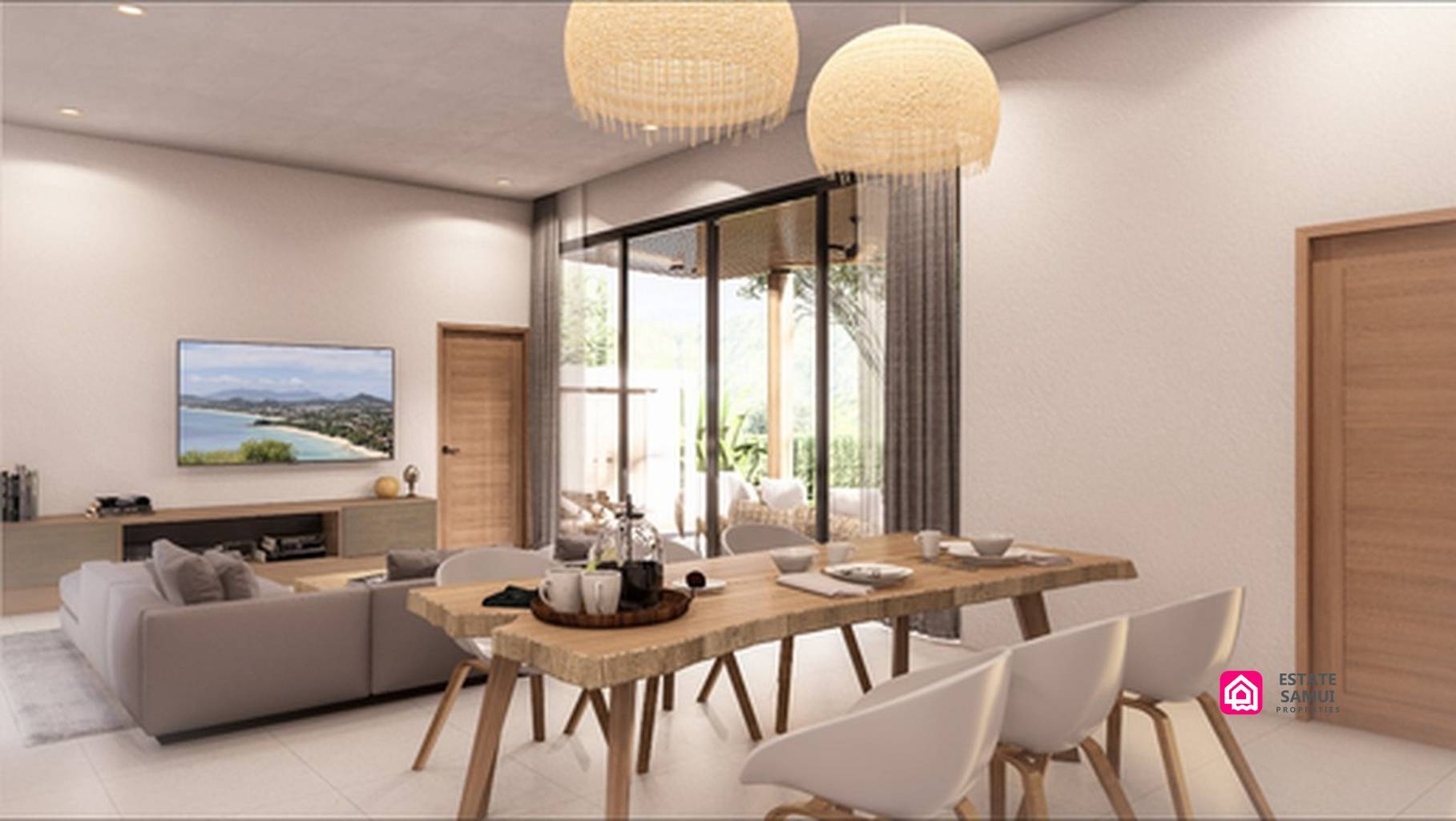 Bedroom interior rendering with timber wardrobes and a dressing table.