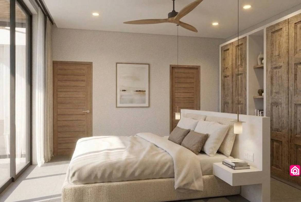 Bathroom rendering with stone basin, circular mirror and window blinds.