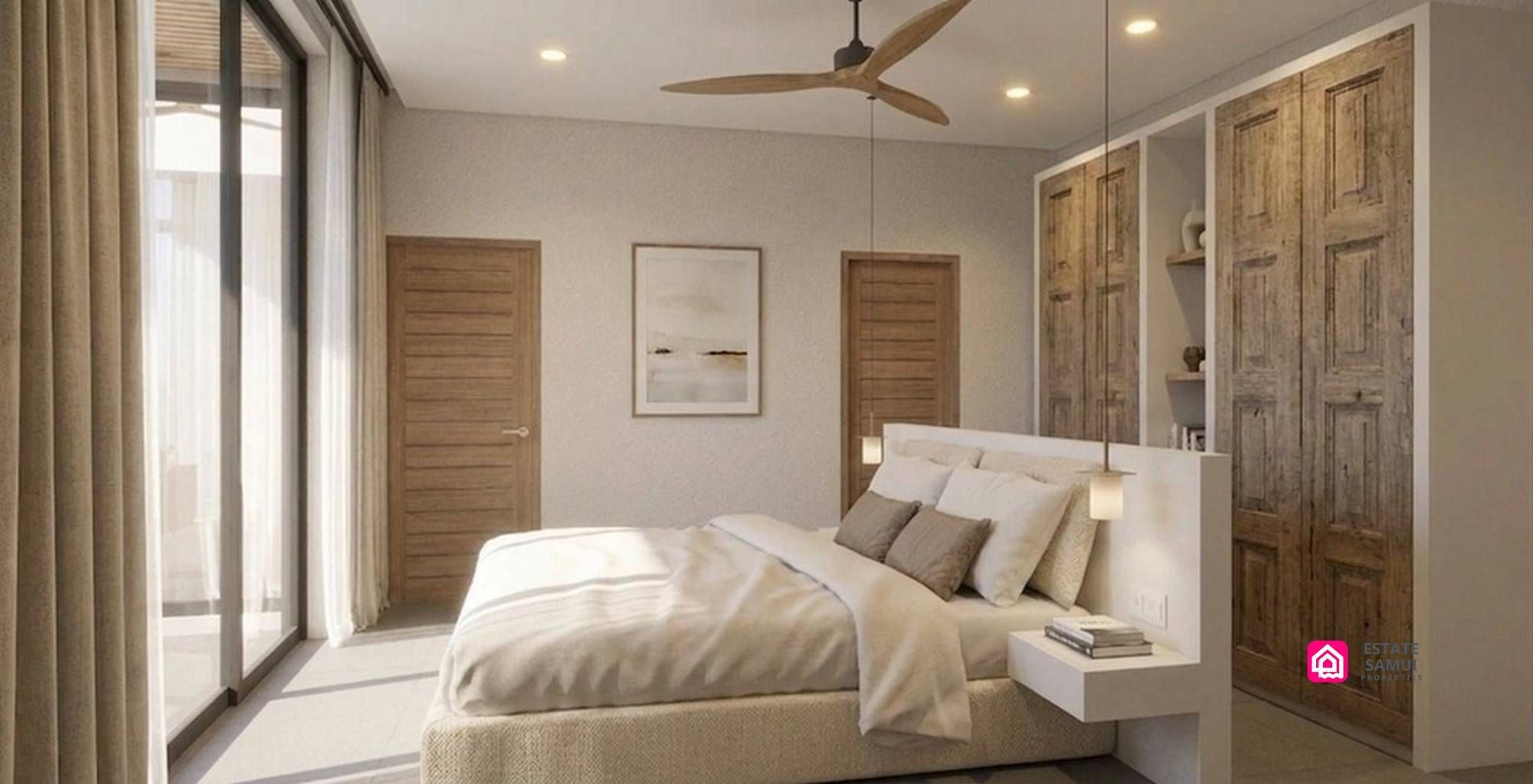 Bathroom rendering with stone basin, circular mirror and window blinds.