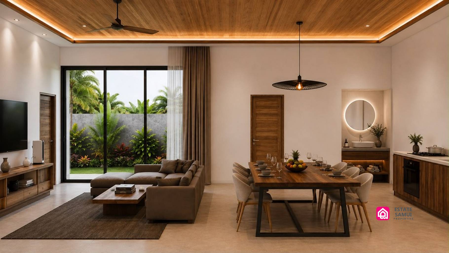 Bedroom rendering with dressing area and glazed doors overlooking the terrace.