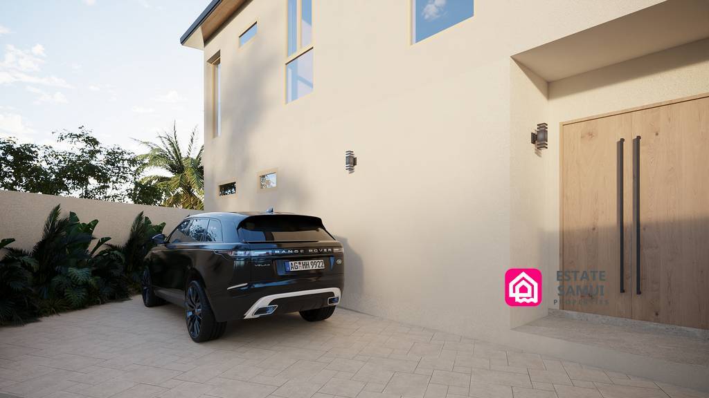 Private villa driveway with parking beside the main entrance