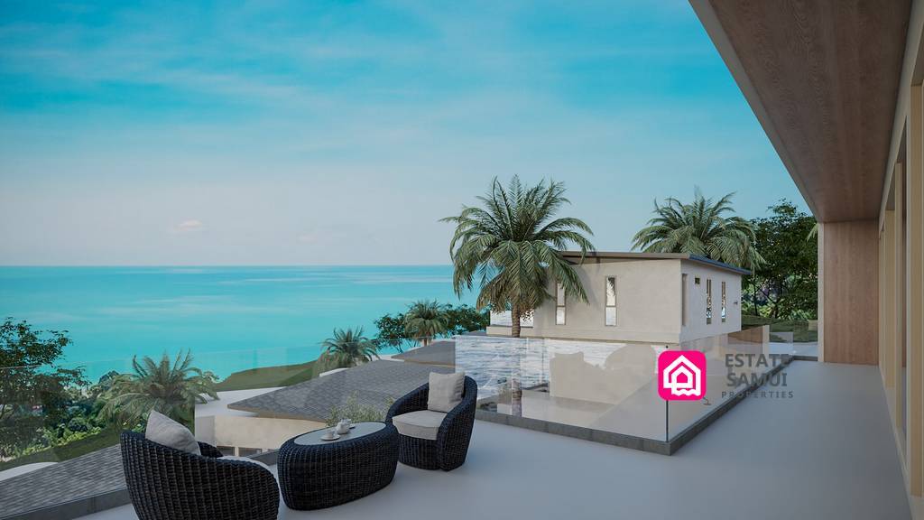 Upper terrace seating area with panoramic sea and palm views