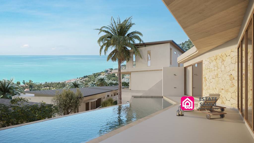 Infinity pool terrace overlooking the tropical coastline and sea