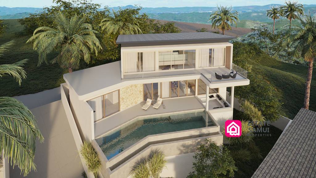 Elevated villa with infinity pool surrounded by tropical hillside greenery