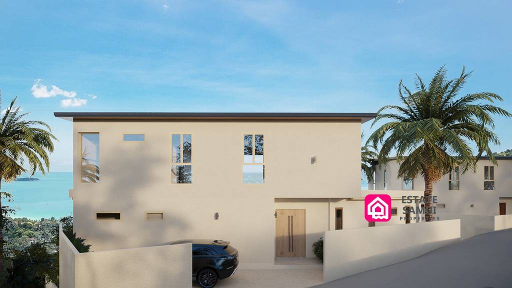 Modern villa entrance with private driveway and covered parking area