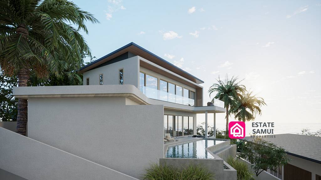 Two-storey sea view villa with pool and tropical palm trees