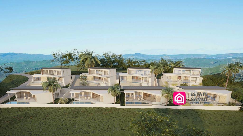 Contemporary sea view villas arranged across a tropical hillside
