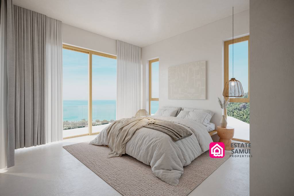 Bright bedroom with large windows overlooking the Koh Samui coastline