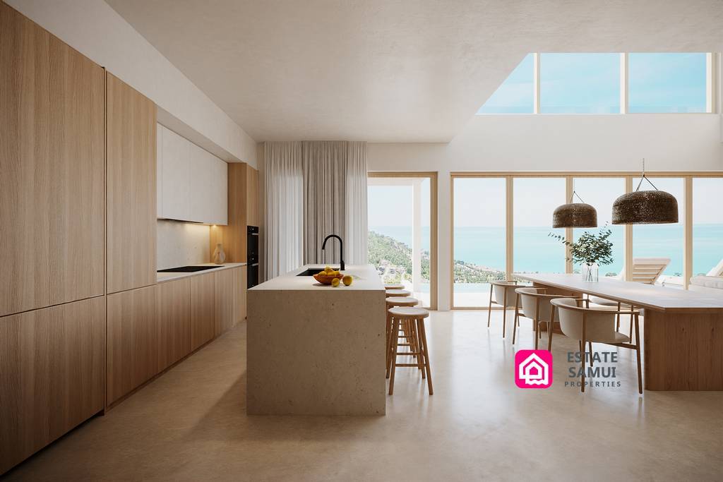 Modern timber kitchen and dining area with panoramic ocean views
