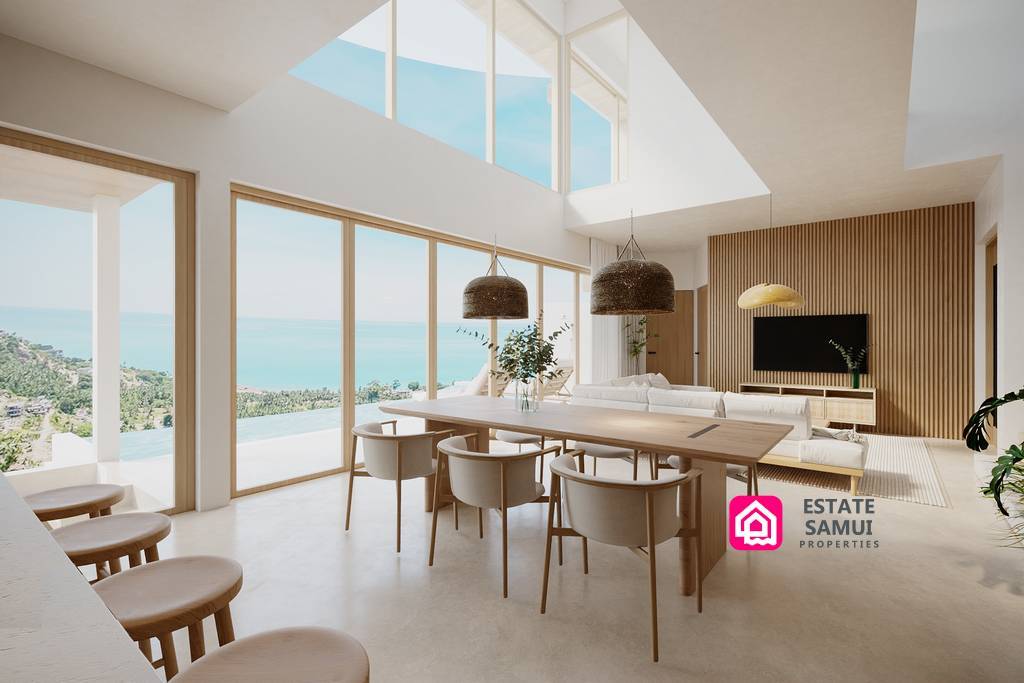 Open dining and living area overlooking the sea and pool