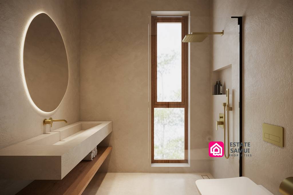 Contemporary bathroom with illuminated round mirror and walk-in shower