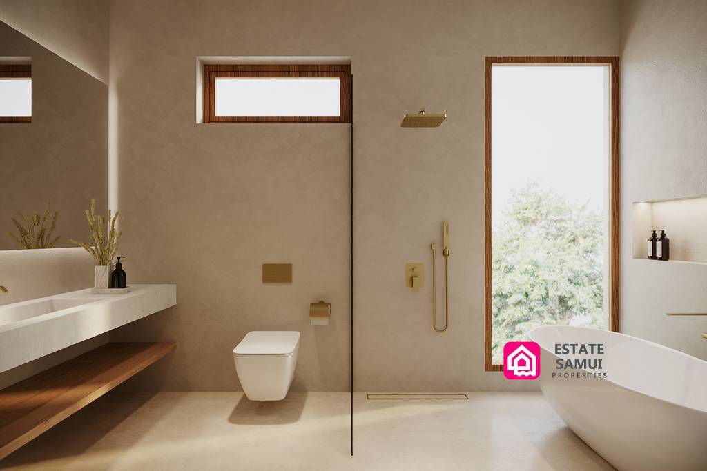 Modern bathroom with freestanding bath, shower and timber-framed window