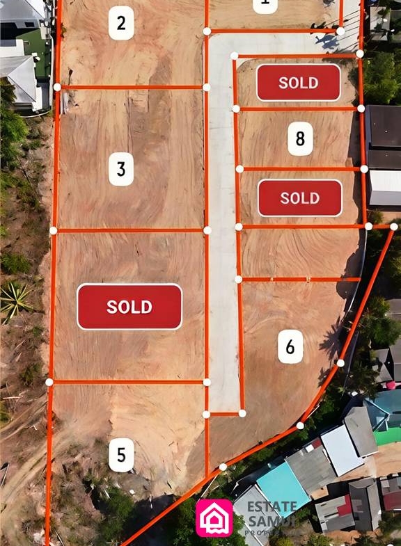 Overhead plot layout with red boundaries, numbered parcels and sold markings.
