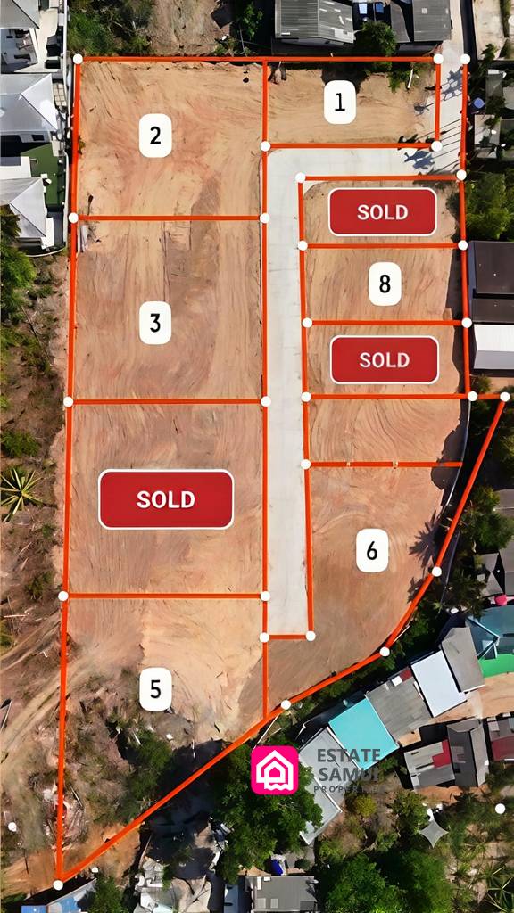 Overhead plot layout with red boundaries, numbered parcels and sold markings.