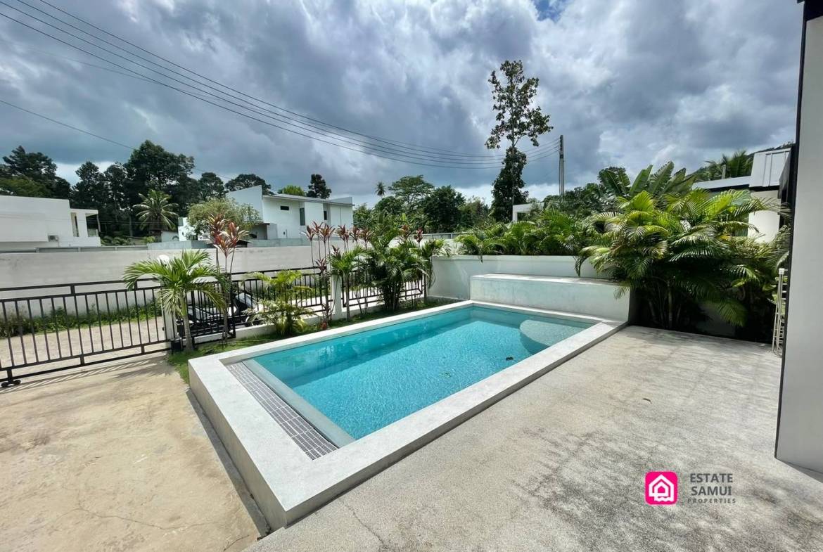 Poolside terrace overlooking the private swimming pool and planted garden borders.