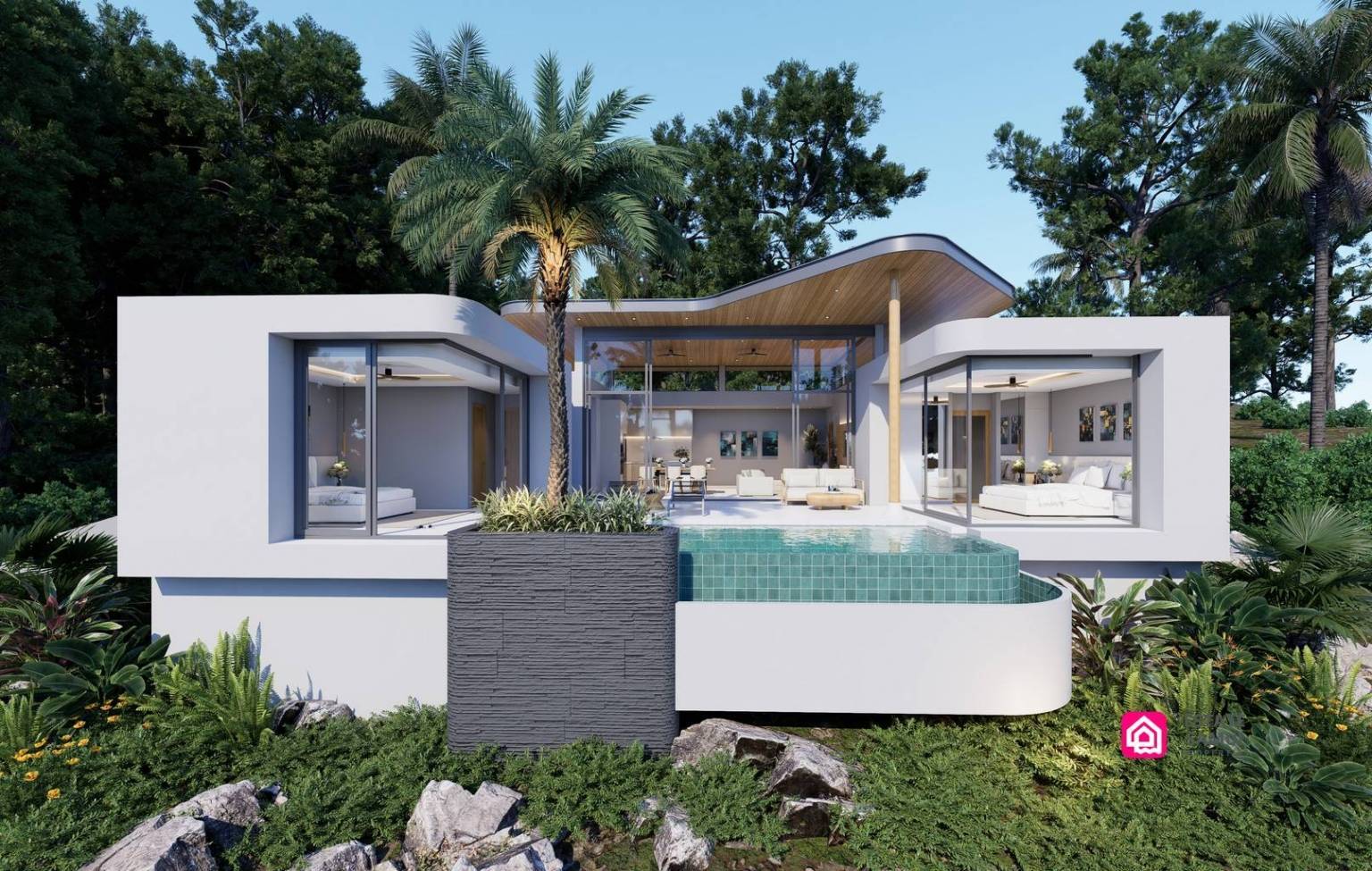 Architectural rendering of this Plai Laem view villa with private pool and curved roof