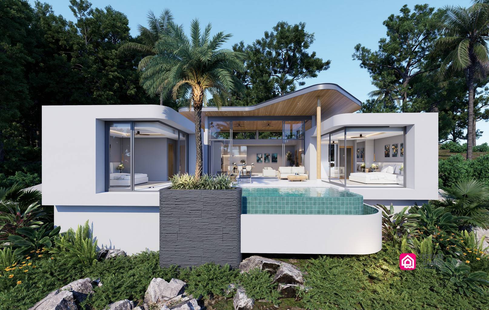 VS5926d-plai-laem-view-villa-1 Architectural rendering of Plai Laem view villa with private pool and curved roof