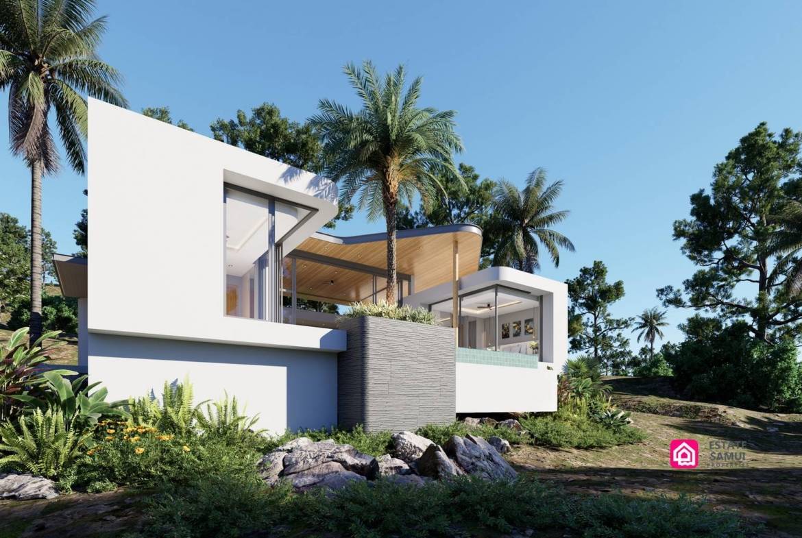 Side exterior rendering with white walls, palms and planted borders