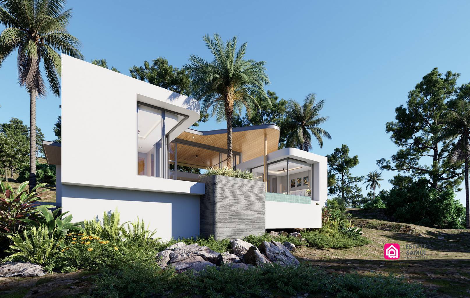 Side exterior rendering with white walls, palms and planted borders