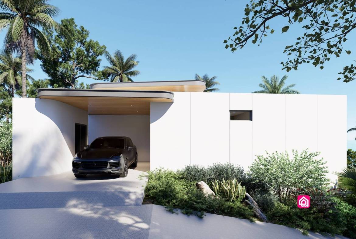Entrance rendering showing covered car parking and landscaped frontage