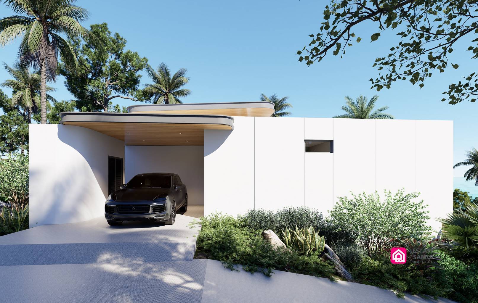 Entrance rendering showing covered car parking and landscaped frontage