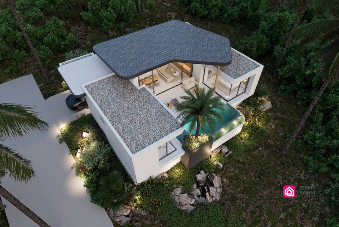 1. Aerial rendering showing villa roof layout, private pool and surrounding greenery