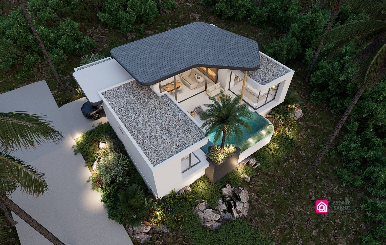 1. Aerial rendering showing villa roof layout, private pool and surrounding greenery