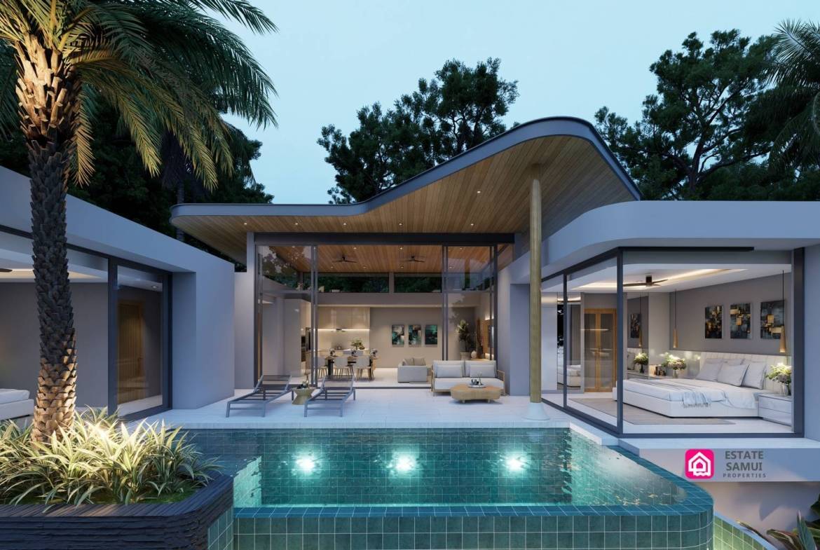 Front exterior rendering with illuminated swimming pool and glazed living spaces