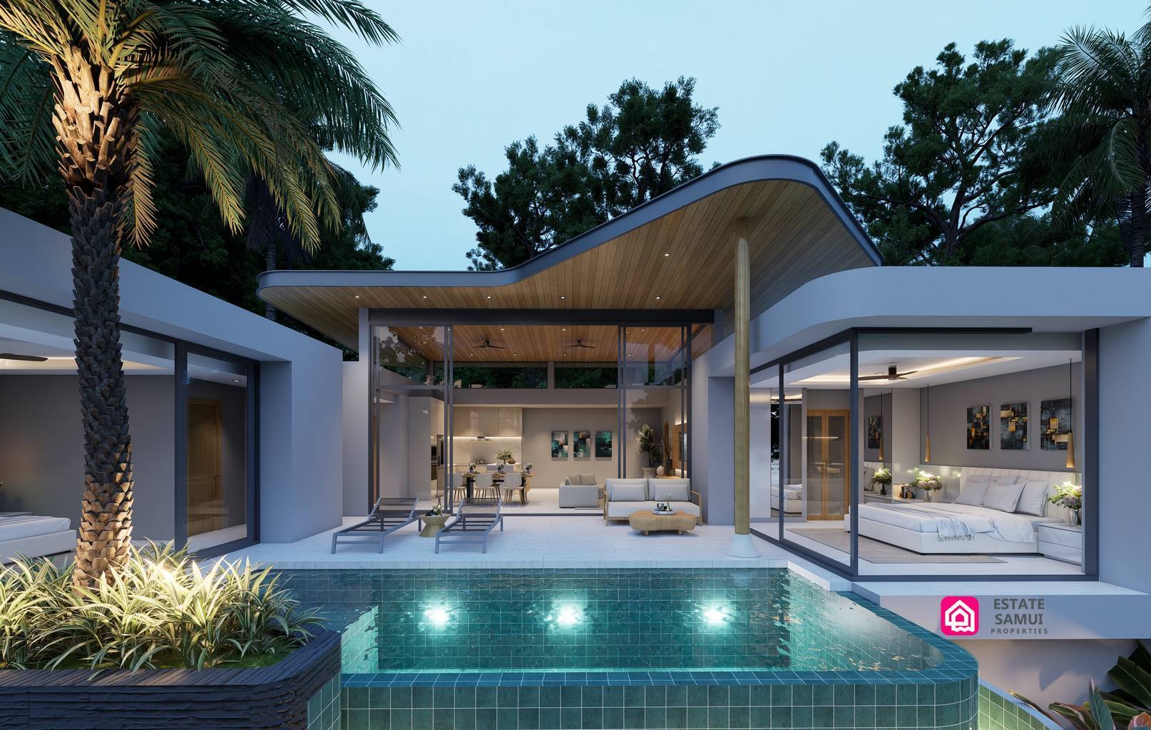Front exterior rendering with illuminated swimming pool and glazed living spaces