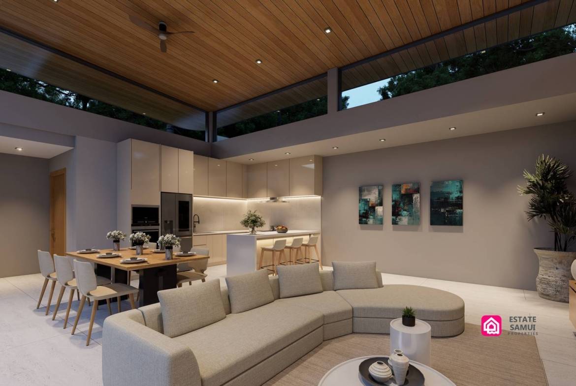 Living room rendering with curved sofa, dining table and timber-toned ceiling