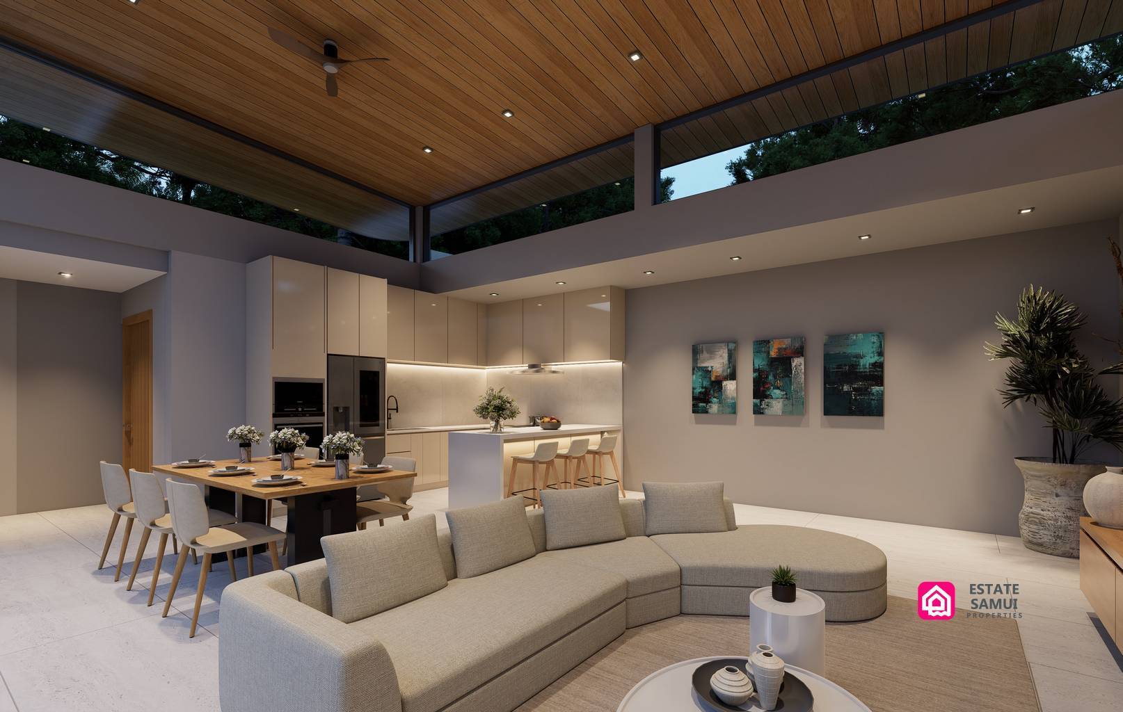 Living room rendering with curved sofa, dining table and timber-toned ceiling