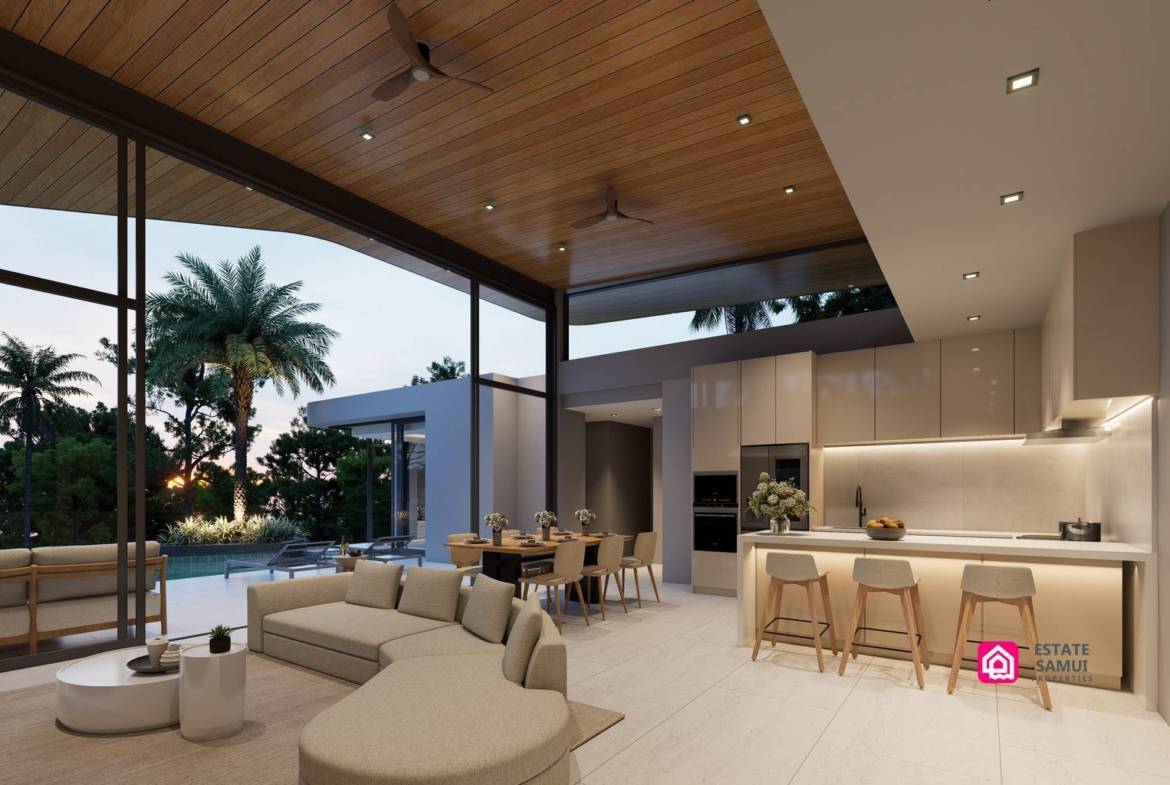 Open living area rendering with kitchen island and pool-facing glazing