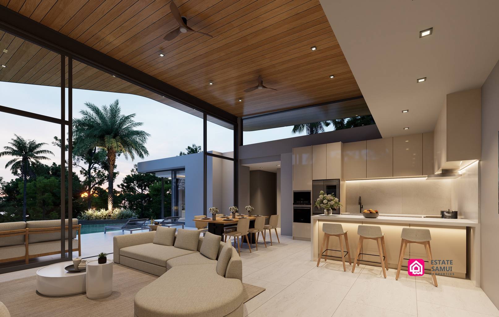Open living area rendering with kitchen island and pool-facing glazing