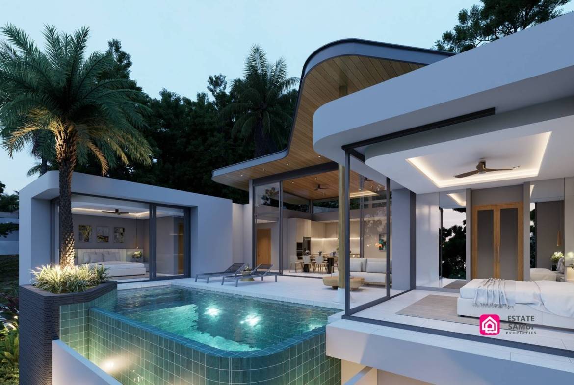 Angled exterior rendering showing pool, bedroom glazing and overhanging roof