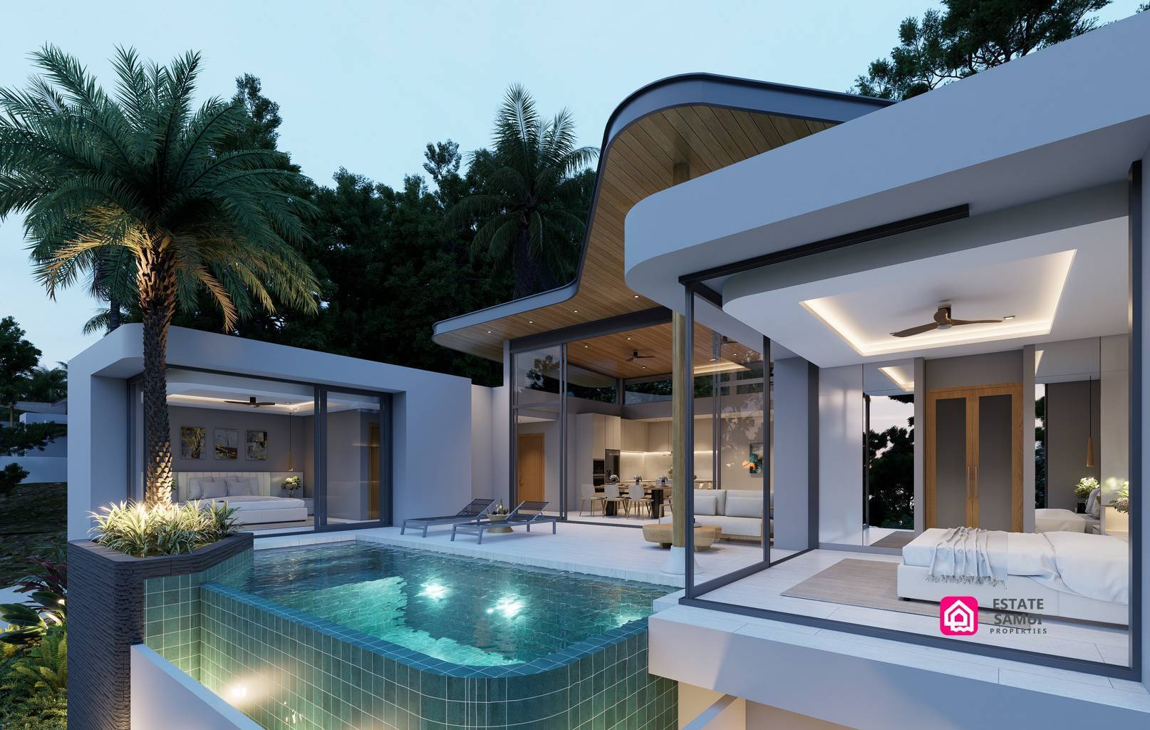 Angled exterior rendering showing pool, bedroom glazing and overhanging roof
