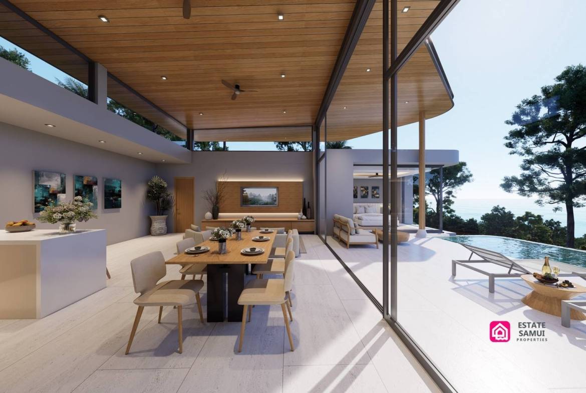 Dining area rendering opening onto a poolside terrace with sun loungers