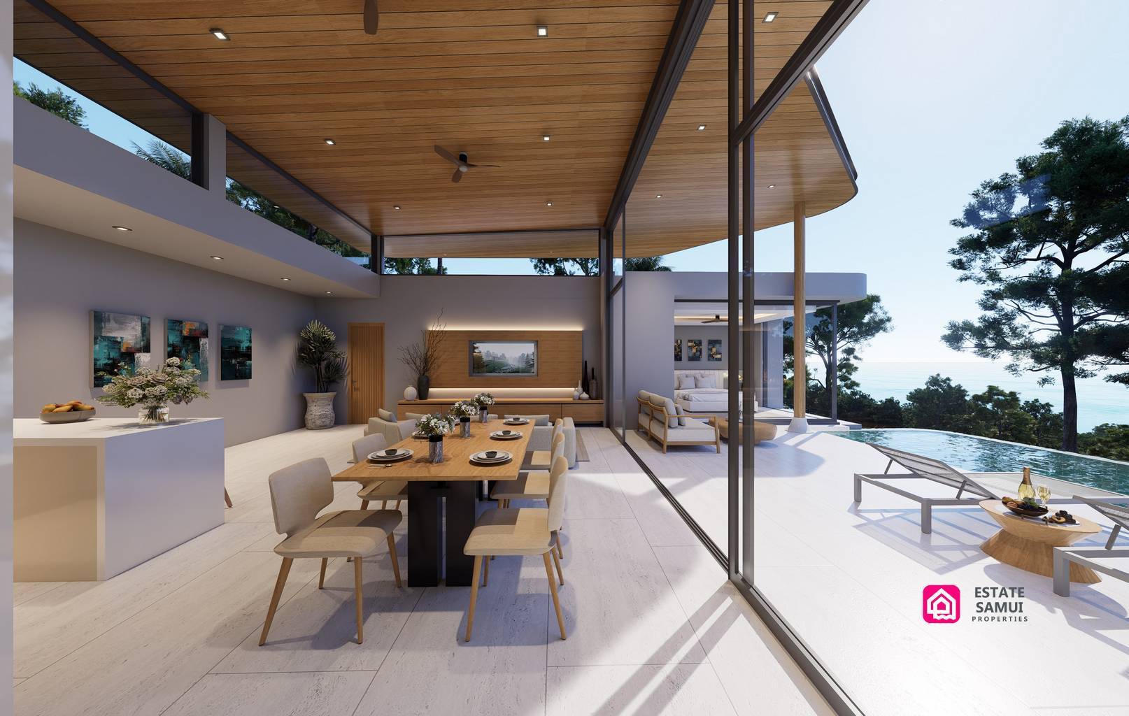 Dining area rendering opening onto a poolside terrace with sun loungers