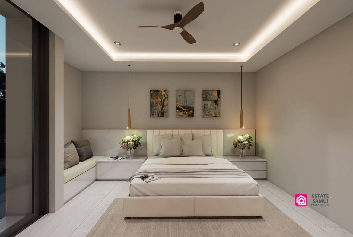 Bedroom rendering with recessed ceiling lighting, ceiling fan and bedside tables