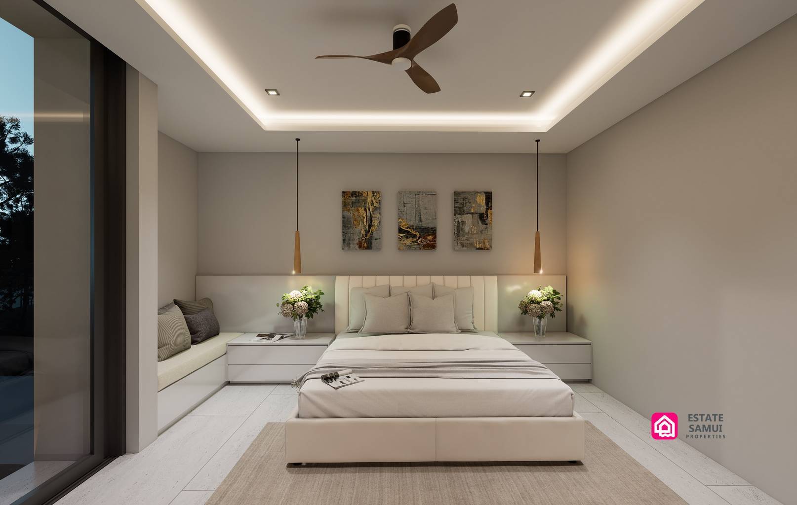Bedroom rendering with recessed ceiling lighting, ceiling fan and bedside tables