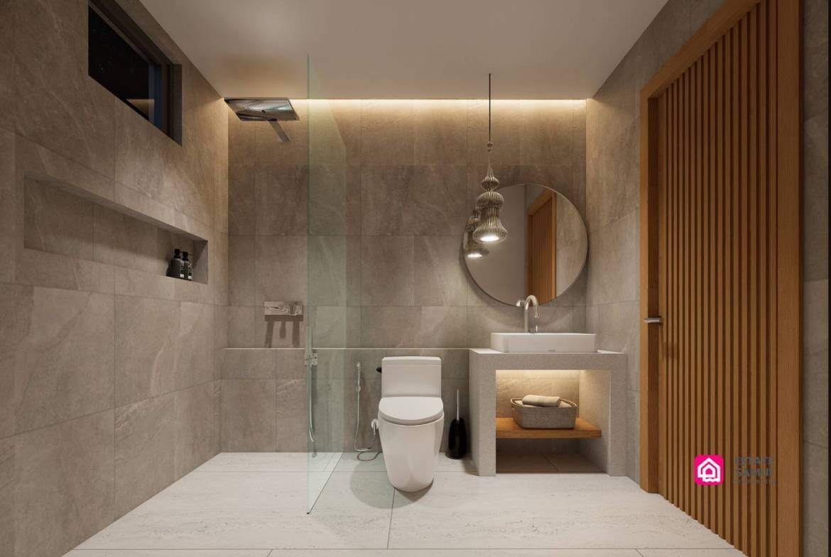 Bathroom rendering with shower area, round mirror and floating vanity