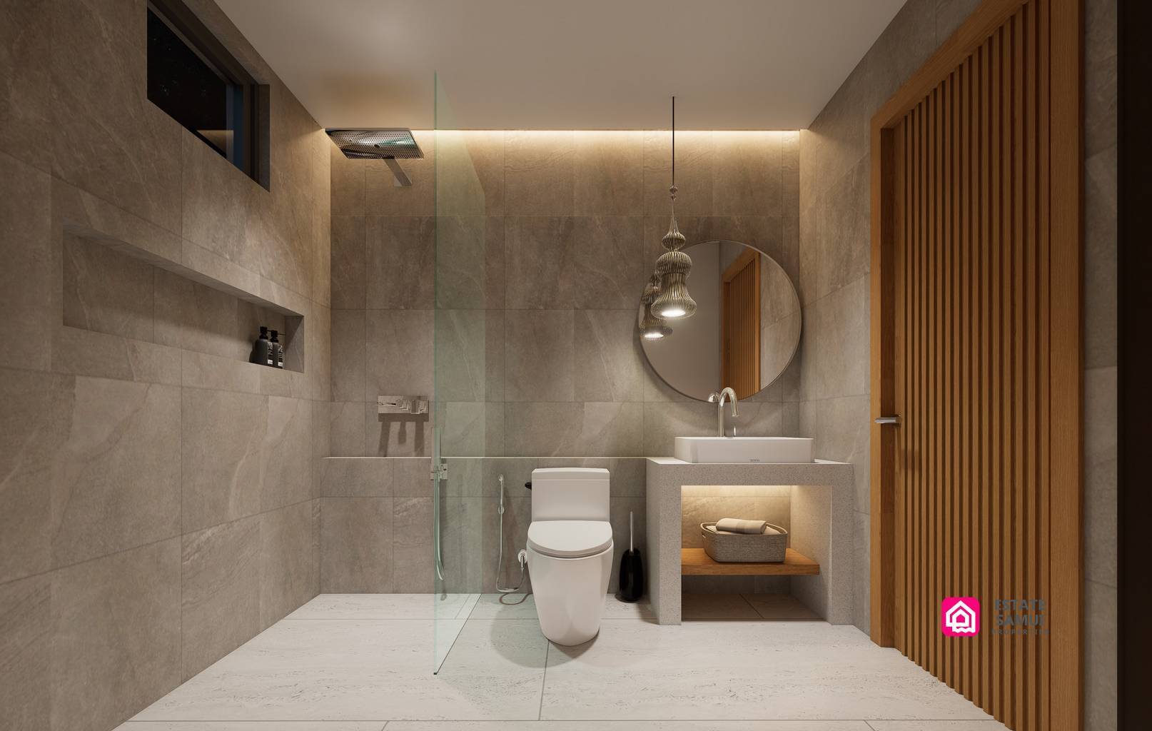 Bathroom rendering with shower area, round mirror and floating vanity