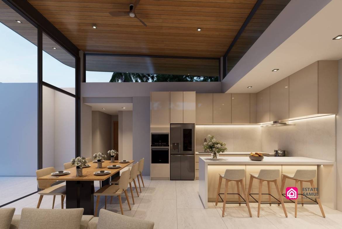 Open kitchen rendering with breakfast stools and adjoining dining table