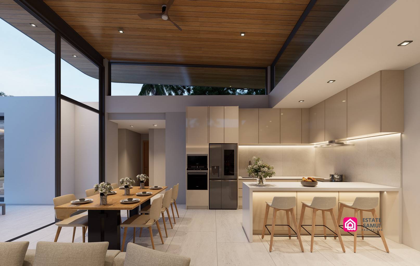 Open kitchen rendering with breakfast stools and adjoining dining table