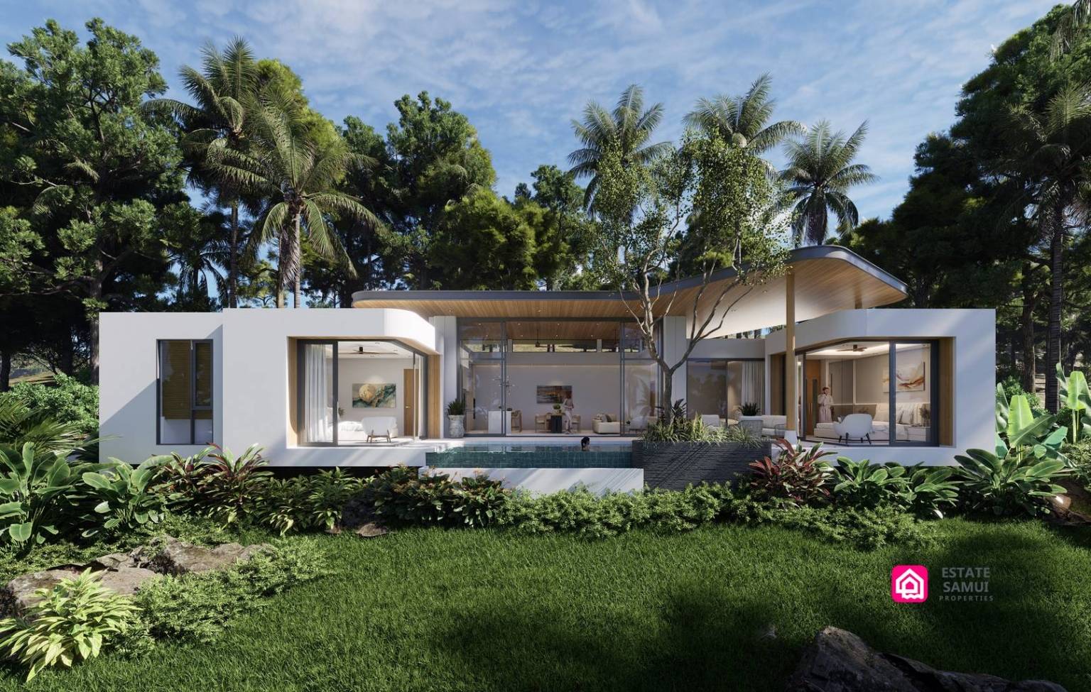 Architectural rendering of cozy modern pool villas with terraces and tropical planting.