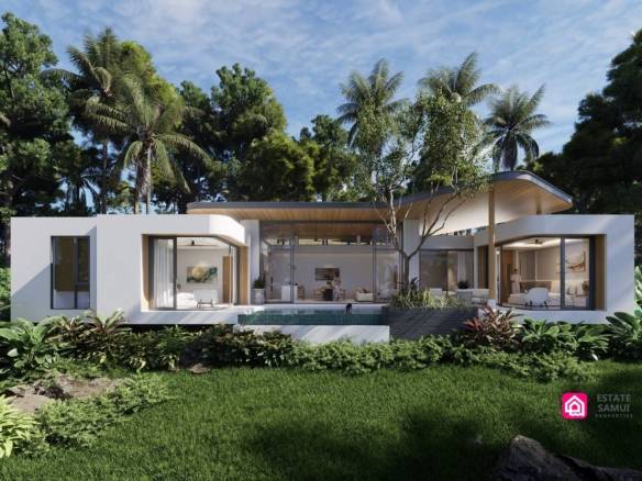 Architectural rendering of cozy modern pool villas with terraces and tropical planting.
