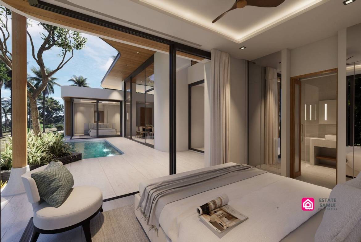 Bedroom overlooking the pool terrace, with an adjoining bathroom visible.