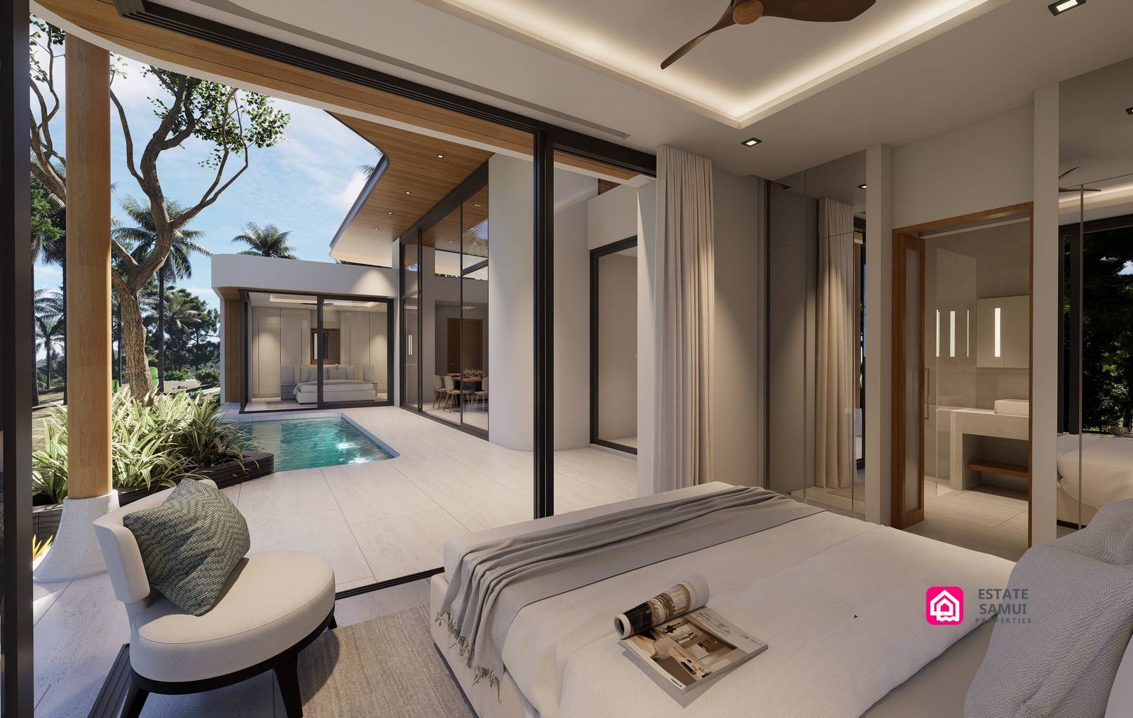 Bedroom overlooking the pool terrace, with an adjoining bathroom visible.