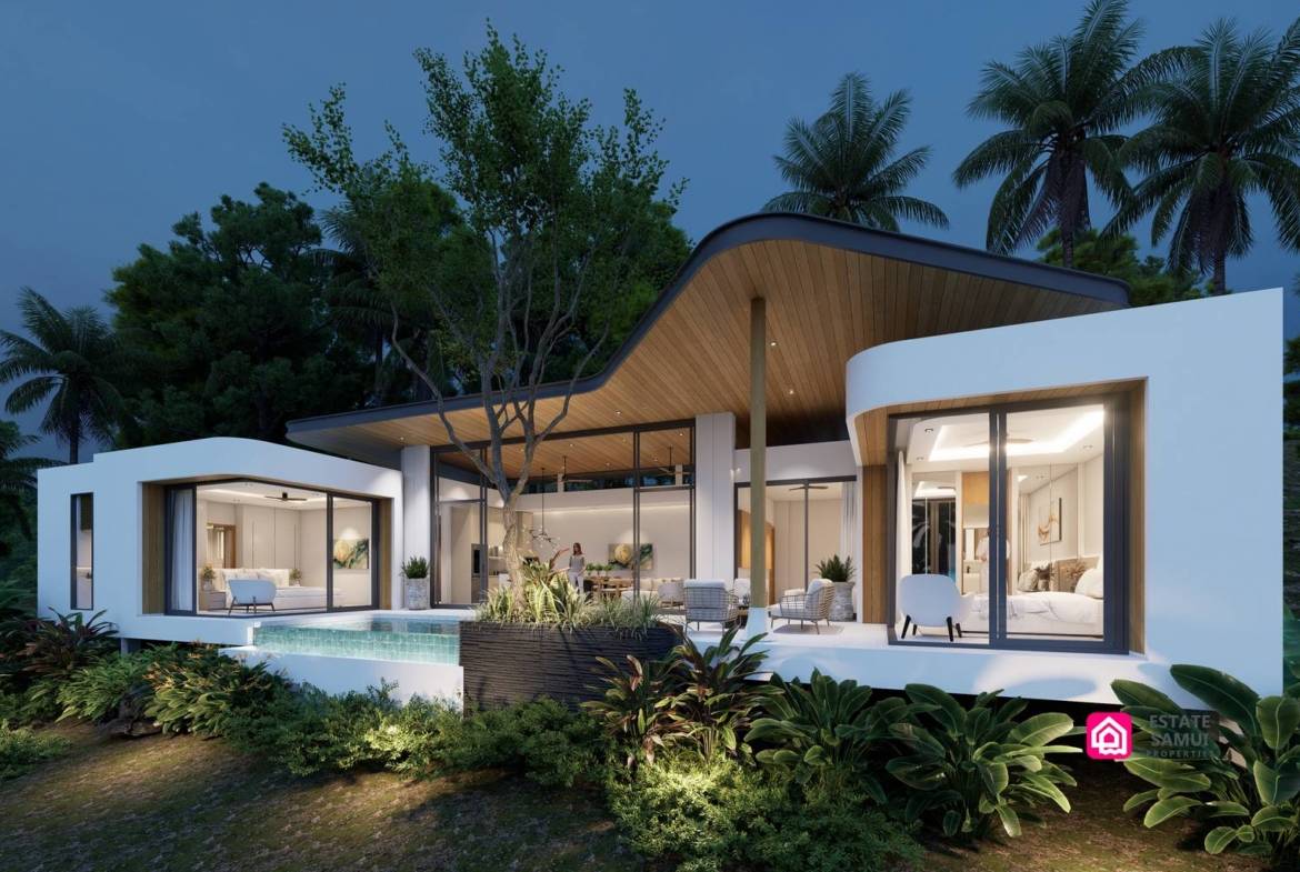 Evening exterior rendering of a modern pool villa with tropical landscaping.