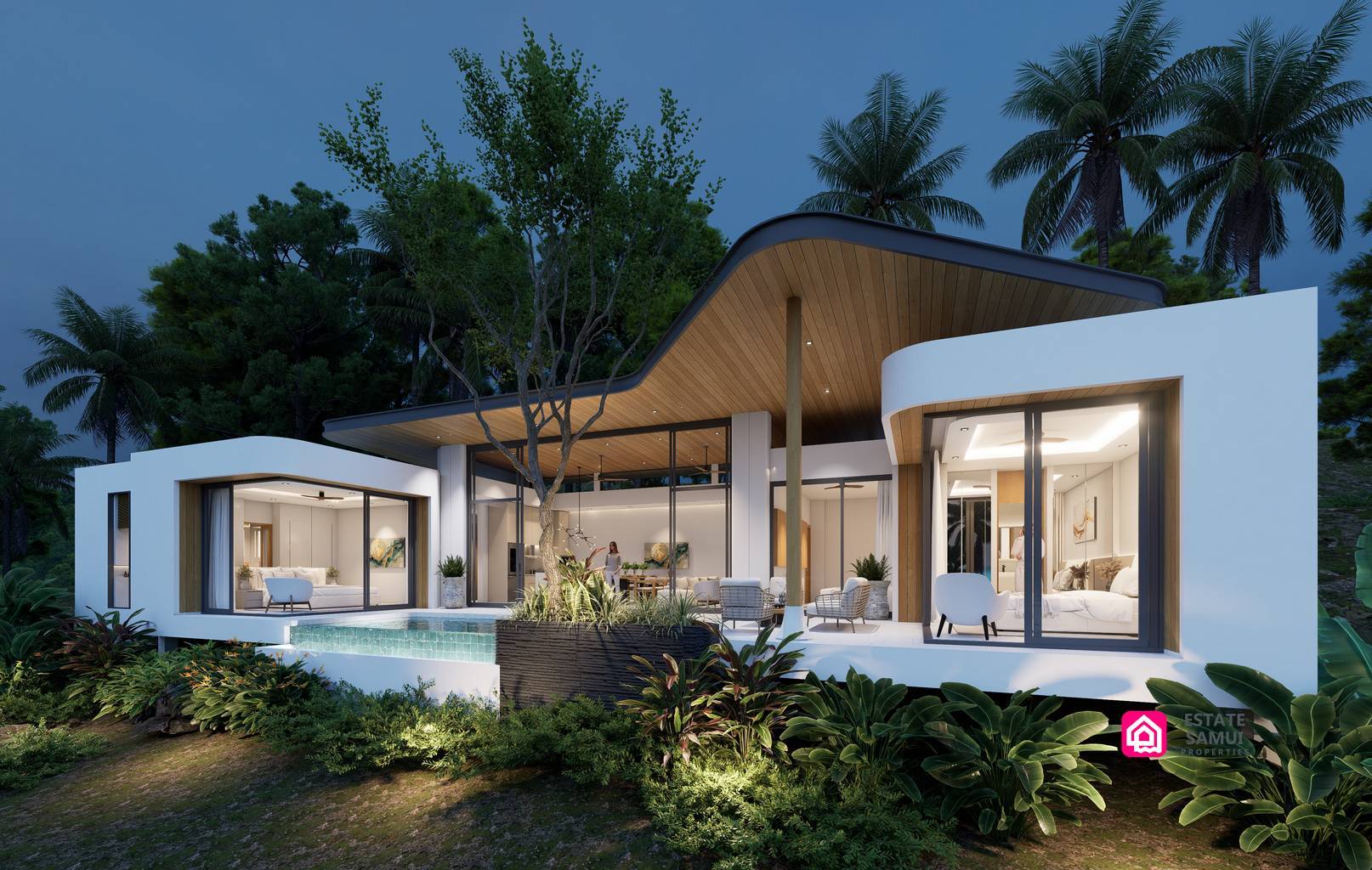 Evening exterior rendering of a modern pool villa with tropical landscaping.