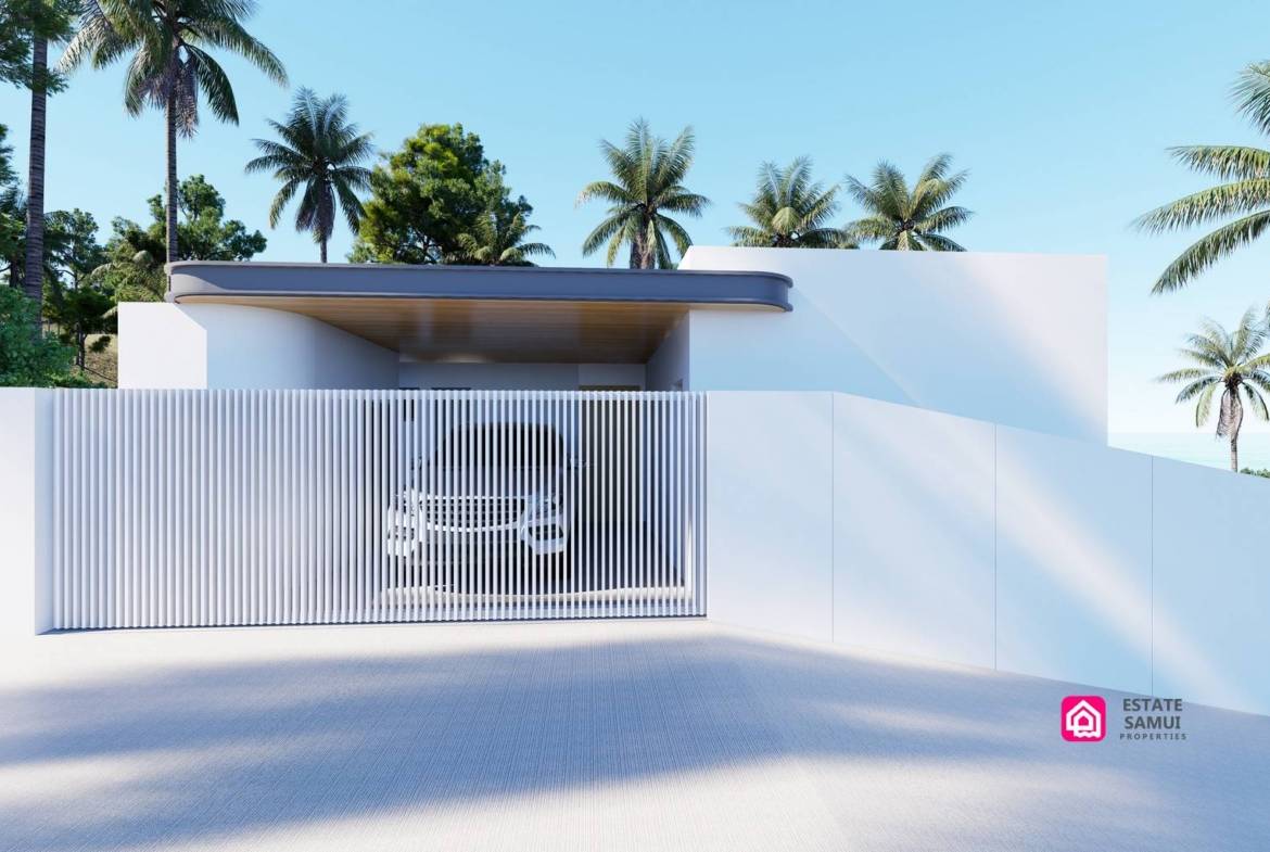 Villa entrance with a slatted gate and covered parking area.